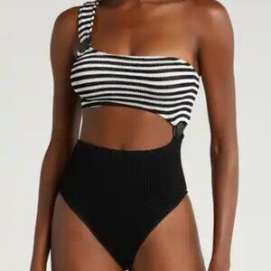 Cleonie Cutout One-Shoulder One-Piece Swimsuit In Noir Stripe/Noir in One Size